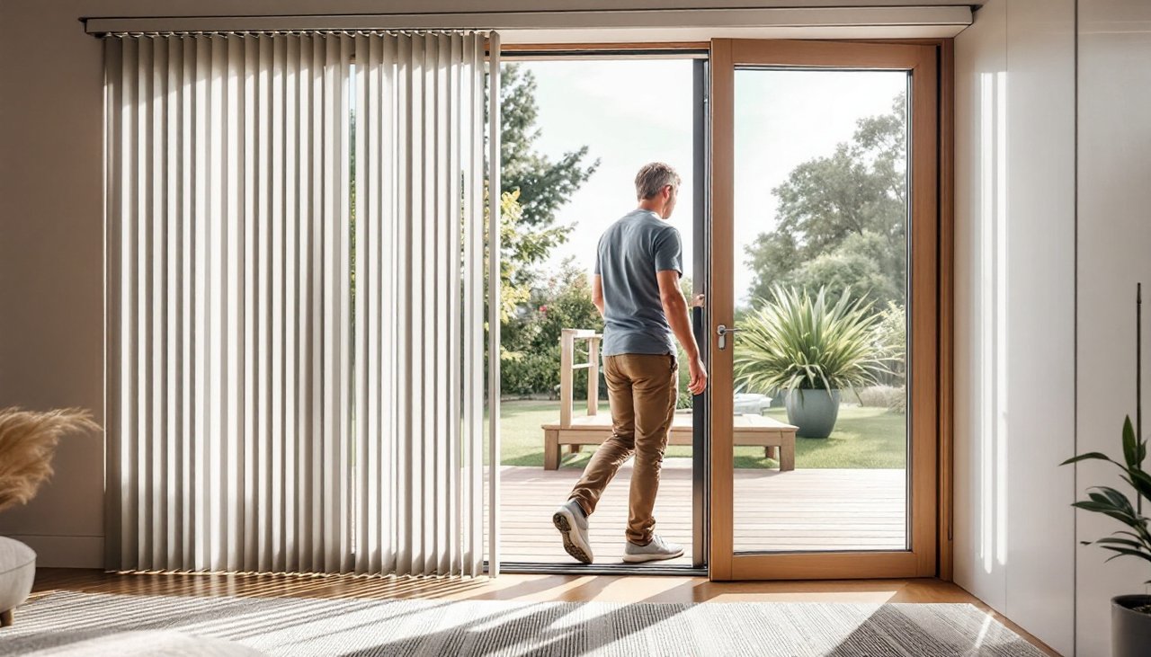 Vertical blinds stacked to one side of an open ranchslider as a person steps out to the deck, showing how vertical blinds clear a doorway