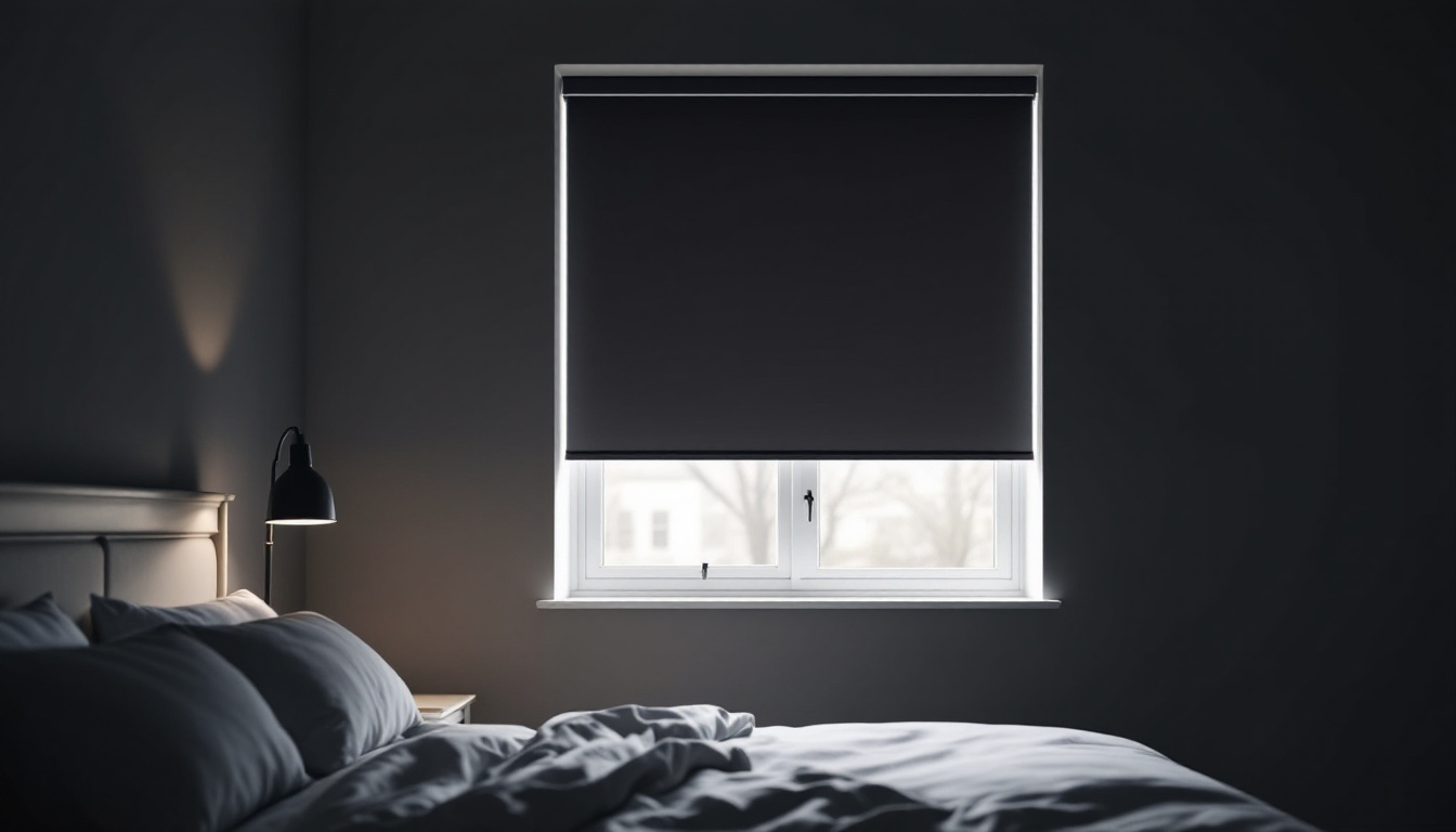 Dark blockout roller blind with side channels fully lowered in a bedroom window, an example of roller blinds for bedrooms