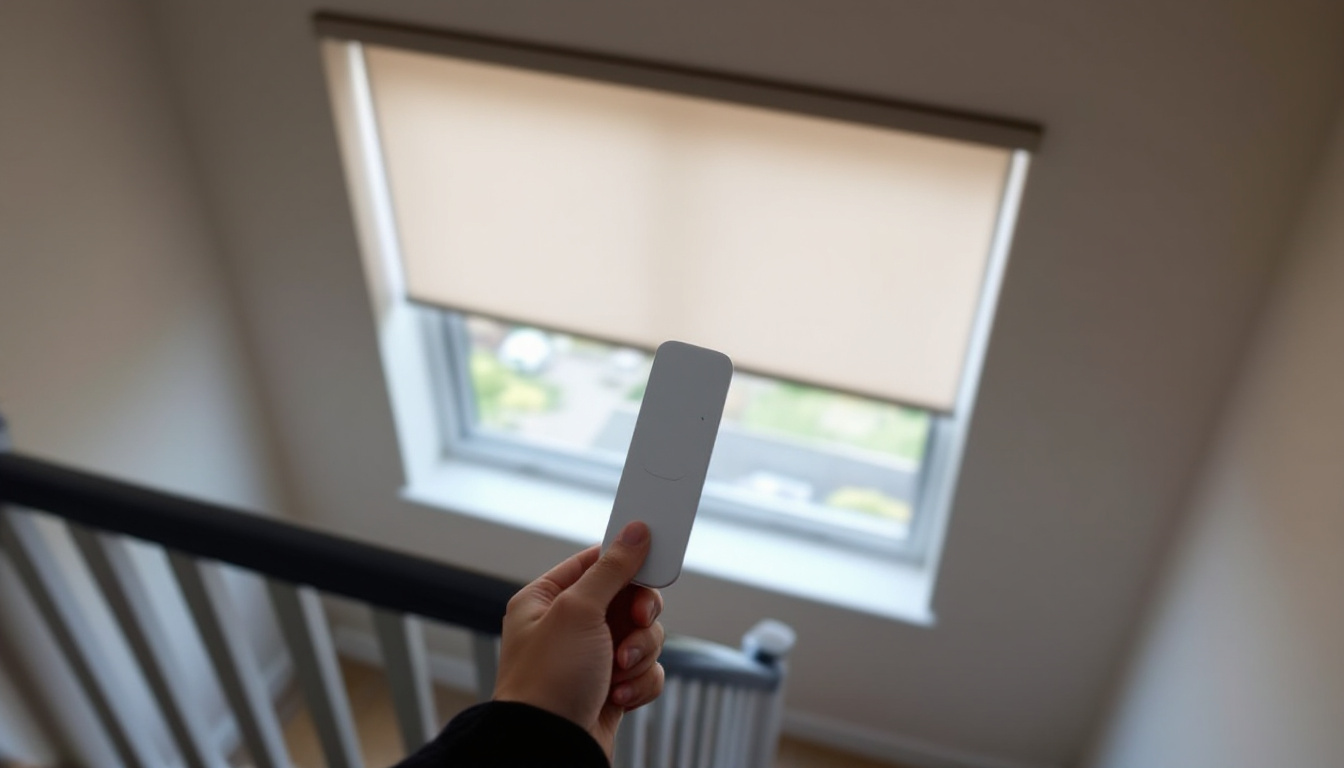 Hand holding a plain remote while a motorised roller blind lowers over a high stairwell window, showing motorised blinds in a New Zealand home