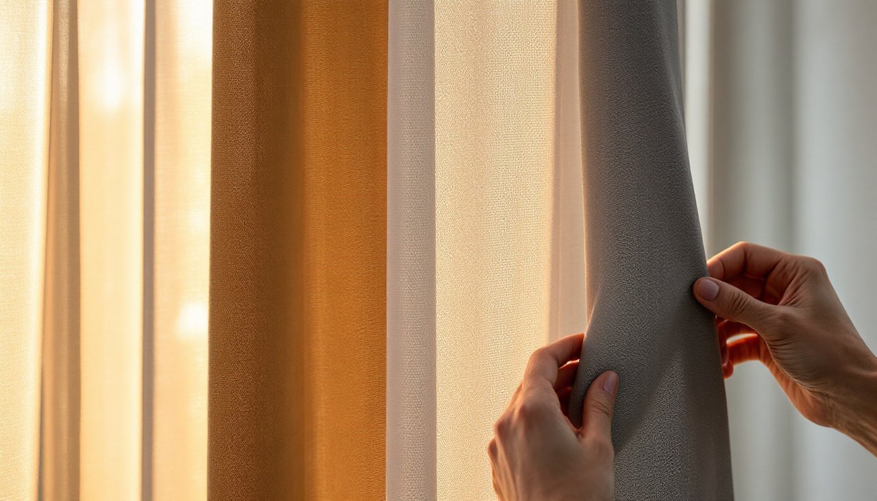 Hanging curtain fabric samples from sheer to linen weave to blockout, with a hand feeling the linen for a made to measure curtain price comparison