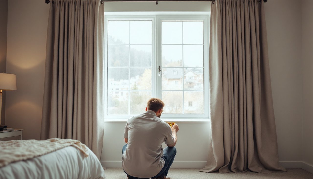A short hanging ready made curtain beside a full length made to measure curtain in a bedroom while an installer measures the gap to the floor