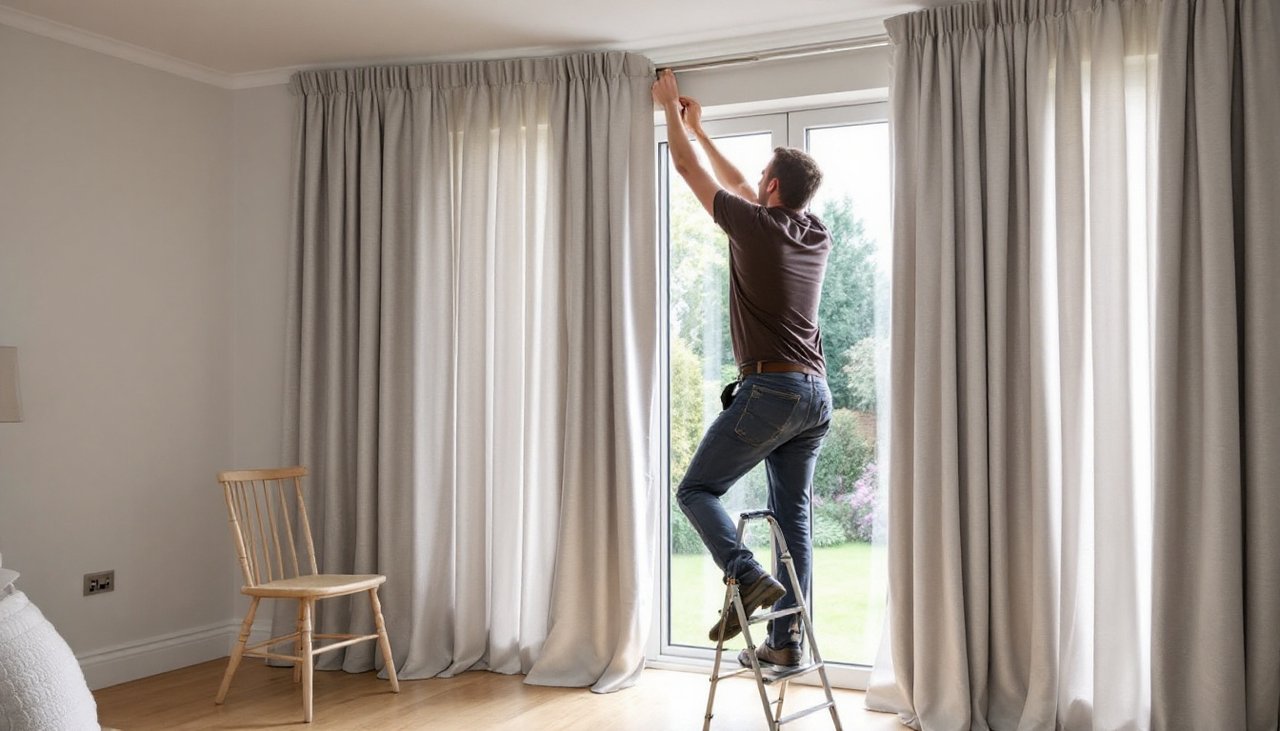 Installer hanging grey made to measure curtains on a ceiling track in a lounge