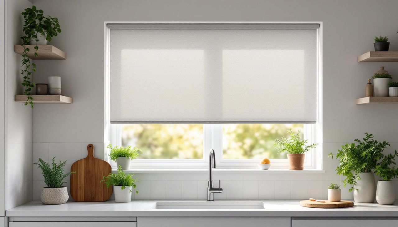 Light grey sunscreen roller blind half lowered above a kitchen sink, a practical option in the curtains vs blinds cost comparison