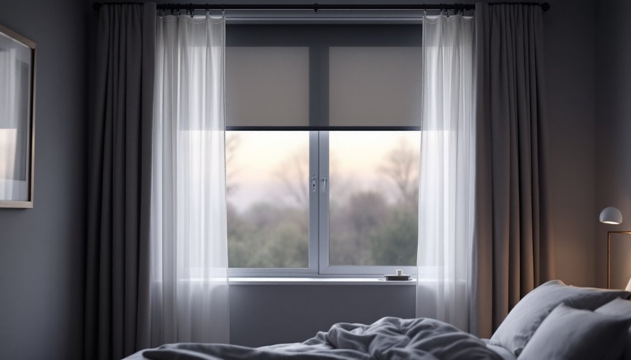 Bedroom window with a charcoal blockout roller blind behind white sheer curtains, curtains and blinds used together