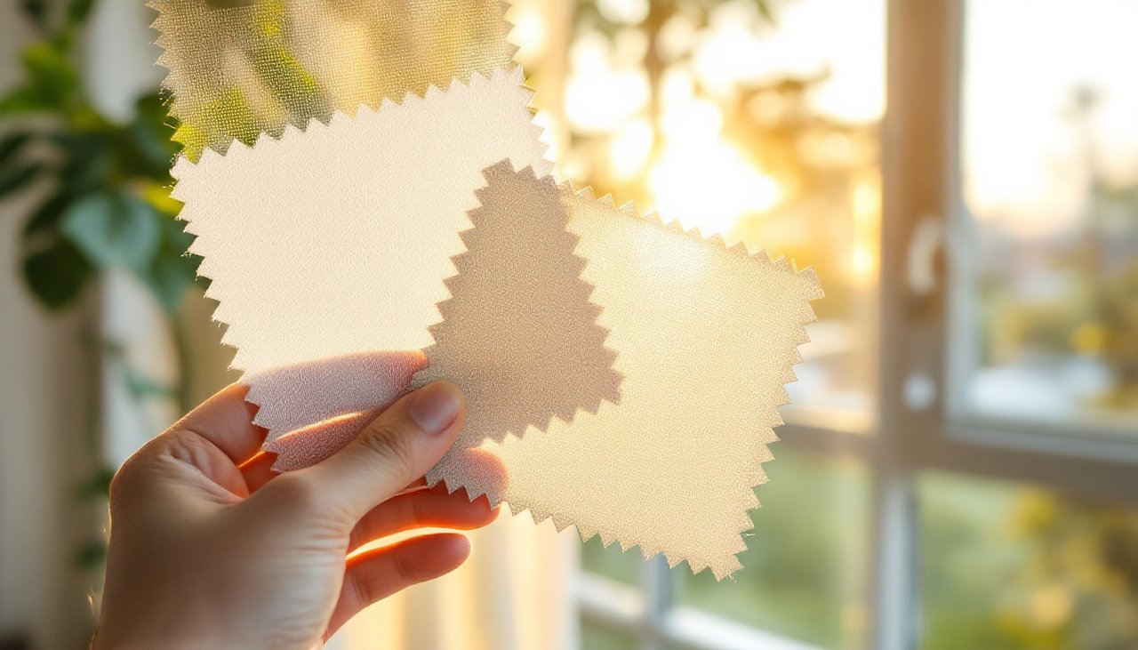 Hand holding white and oatmeal sheer curtain samples against a sunlit living room window