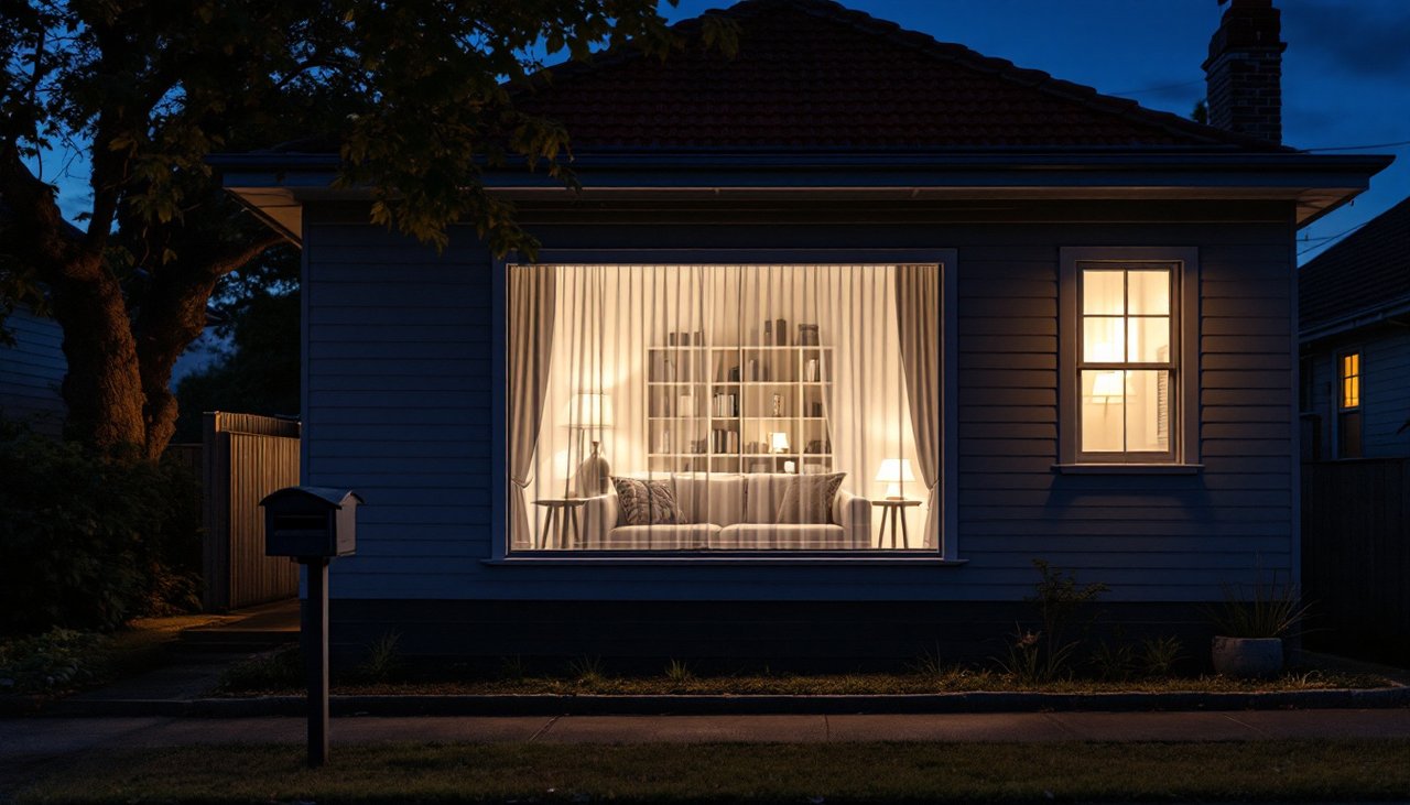 Street view at night of a villa lounge with lamps on behind sheer curtains
