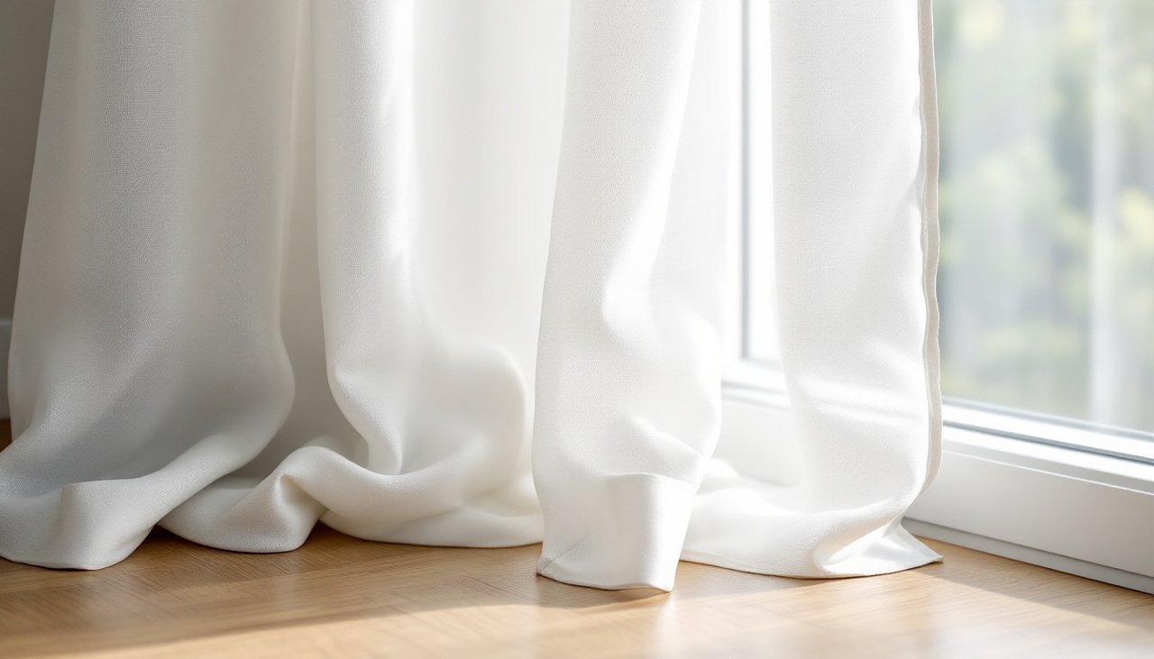 Close-up of S-fold sheers stacked neatly beside a lounge window on an extended track