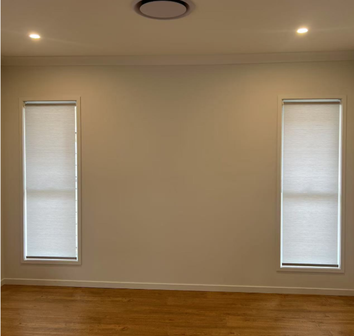 Light filtering privacy roller blinds installed for two windows in living area