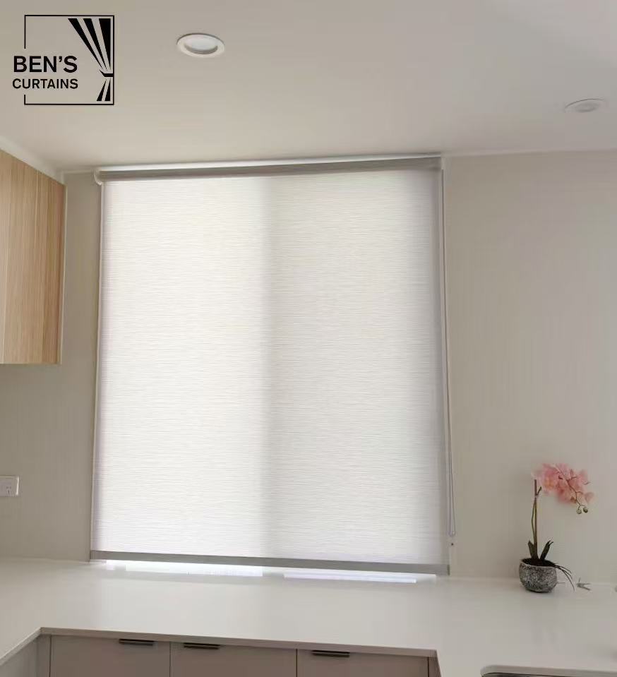 Light filtering or semi blockout white roller blinds face fit or installed on the window f