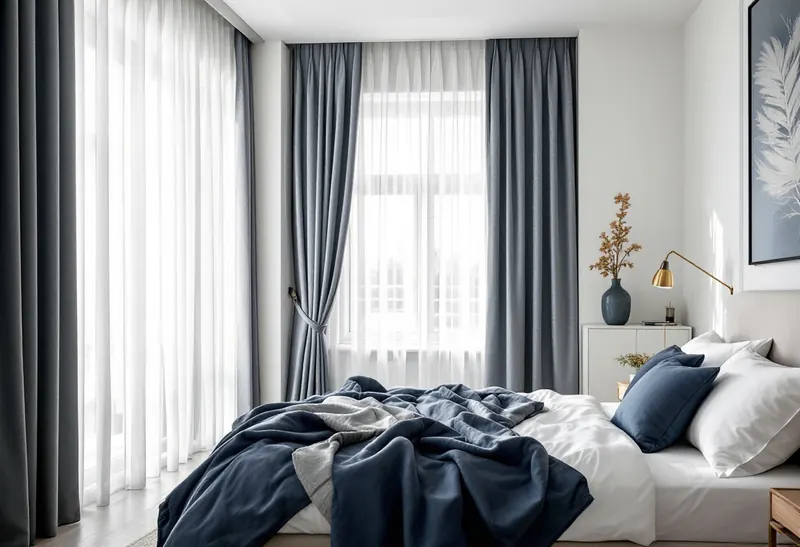 Wave-fold sheer curtains in a contemporary bedroom