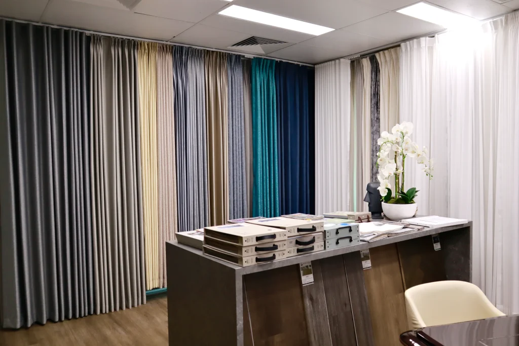 Showroom display of window furnishings