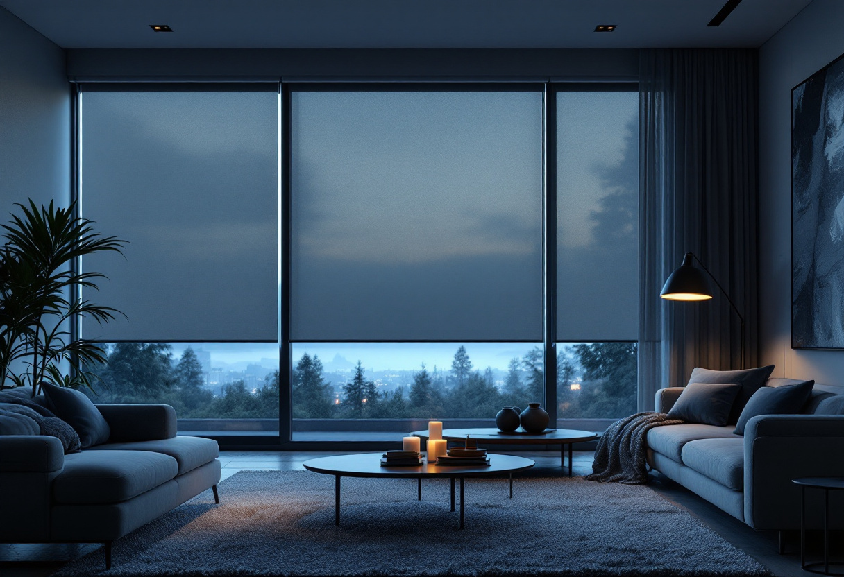 Roller blinds across a wide living room window in a contemporary Auckland home at dusk