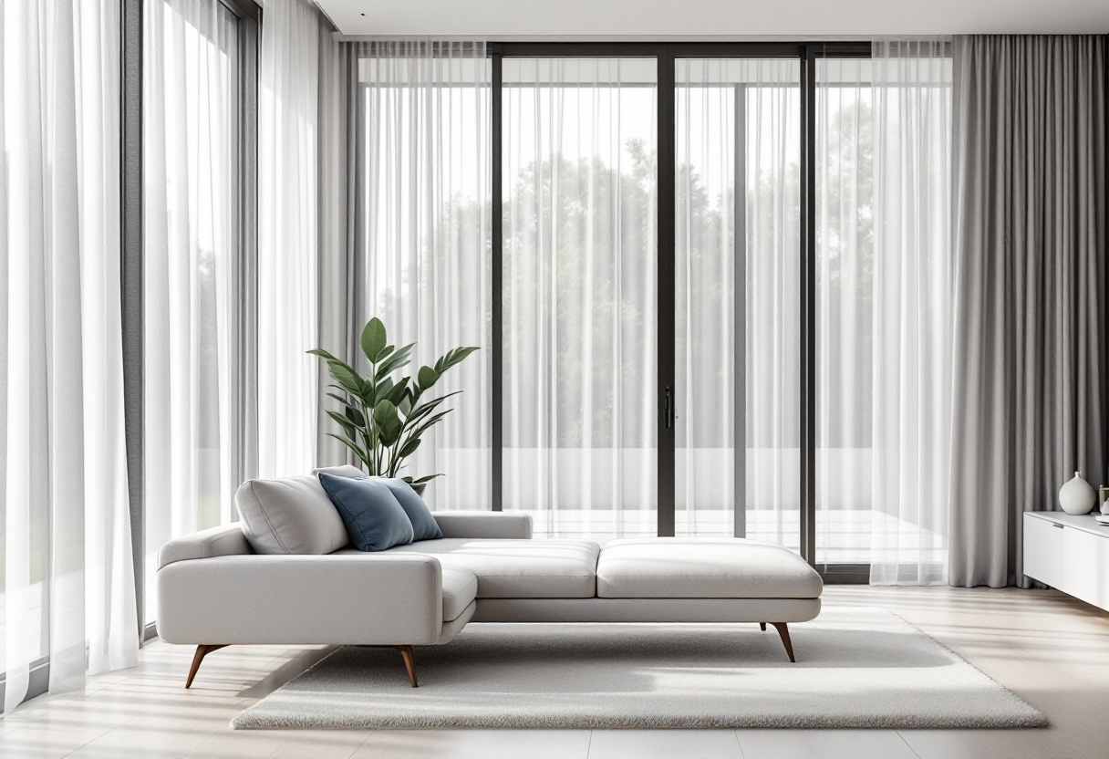 Layered sheer curtains framing a large living room window