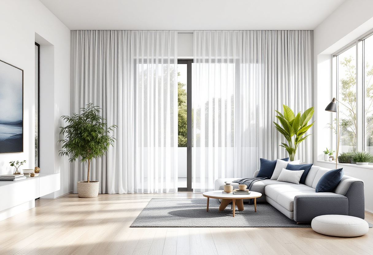 Floor-to-ceiling S-fold sheer curtains filtering soft daylight across an Auckland living room