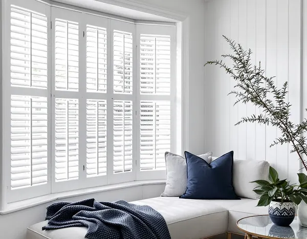 White plantation shutters on a bay window